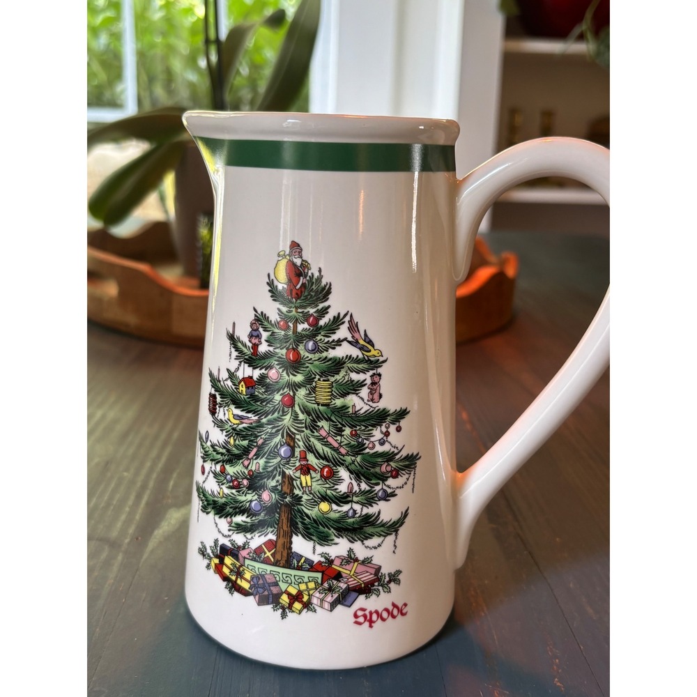 Spode Christmas Tree Pitcher Teleflora Gift Holiday Ceramic Jug White Green Rim - Picture 4 of 11